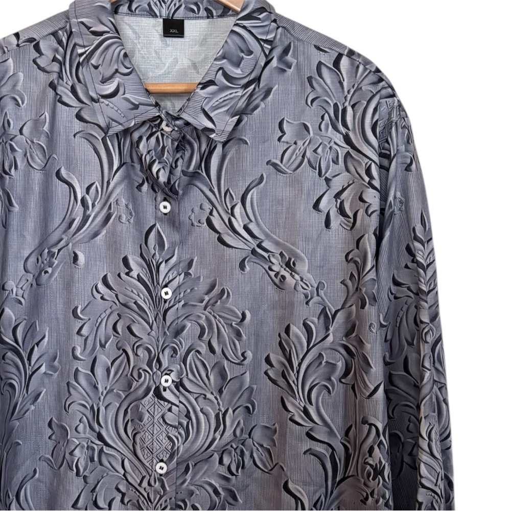 💥 Grey Floral Vintage Design Button-Down Collared Blouse